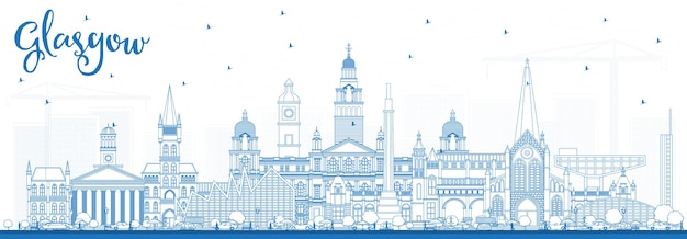 Profilo dello skyline della città di glasgow scozia con edifici blu. illustrazione di vettore. viaggi d'affari e concetto di turismo con architettura storica. paesaggio urbano di glasgow con punti di riferimento.