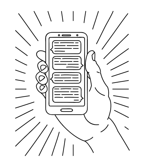 Vector outline graphic illustration of a hand with smart phone