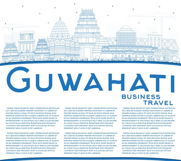 파란색 건물 및 복사 공간이 있는 구와하티 인도 도시 스카이라인 개요. 벡터 일러스트 레이 션. 역사적인 건축과 비즈니스 여행 및 관광 개념입니다. 랜드마크가 있는 구와하티 도시 풍경.