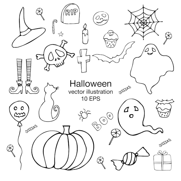 Очертания значка хэллоуина на белом изолированном фоне. Жуткие символы для приглашения или подарочной карты