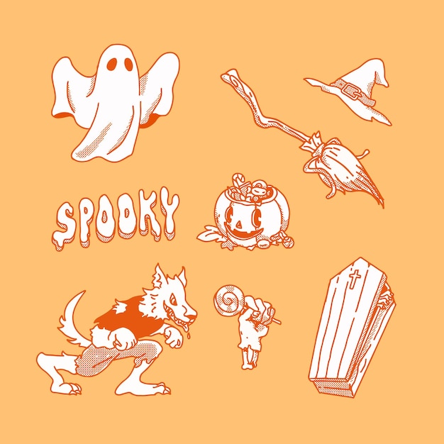 Outline halloween vector illustration set on isolated background. Spooky symbols.