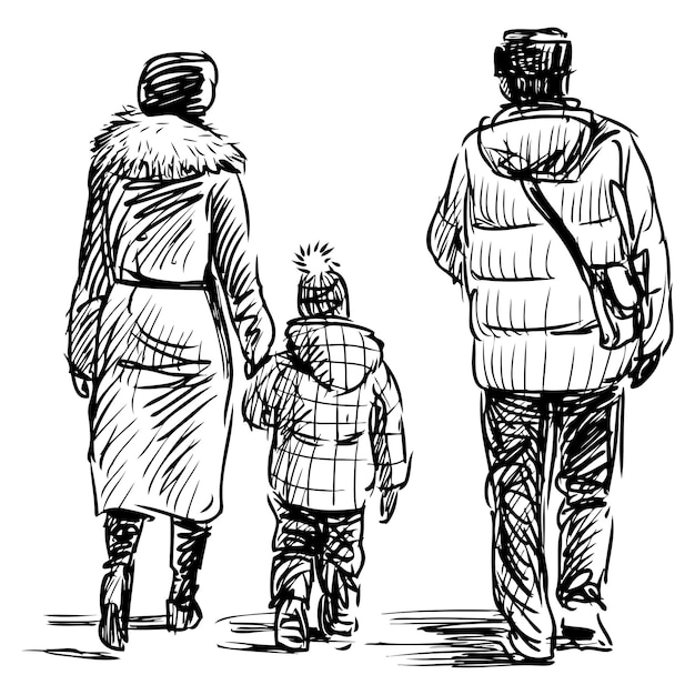 Vector outline hand drawing of young family casual citizens with little child walking outdoors