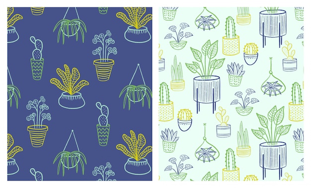 Outline hand drawn indoor plants seamless patterns set