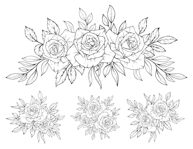 Outline hand drawn rose flower bouquet decoration