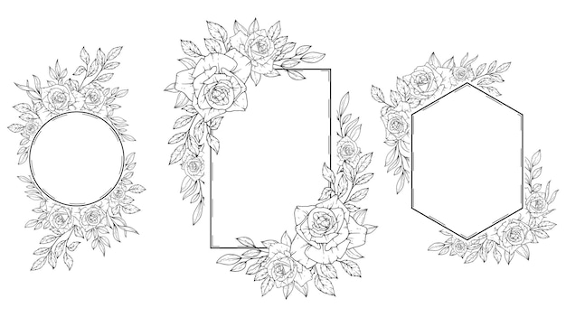 Delineare la decorazione della cornice del fiore rosa disegnata a mano