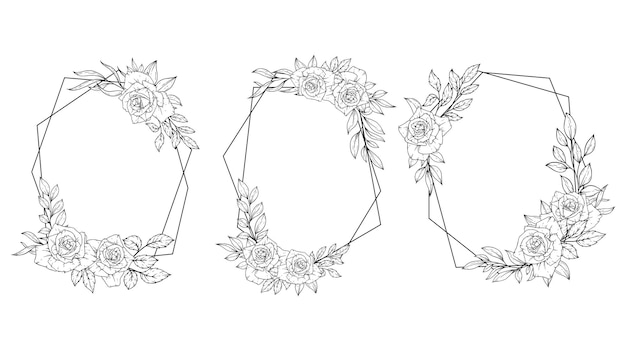 Vector outline hand drawn rose flower frame geometric decoration