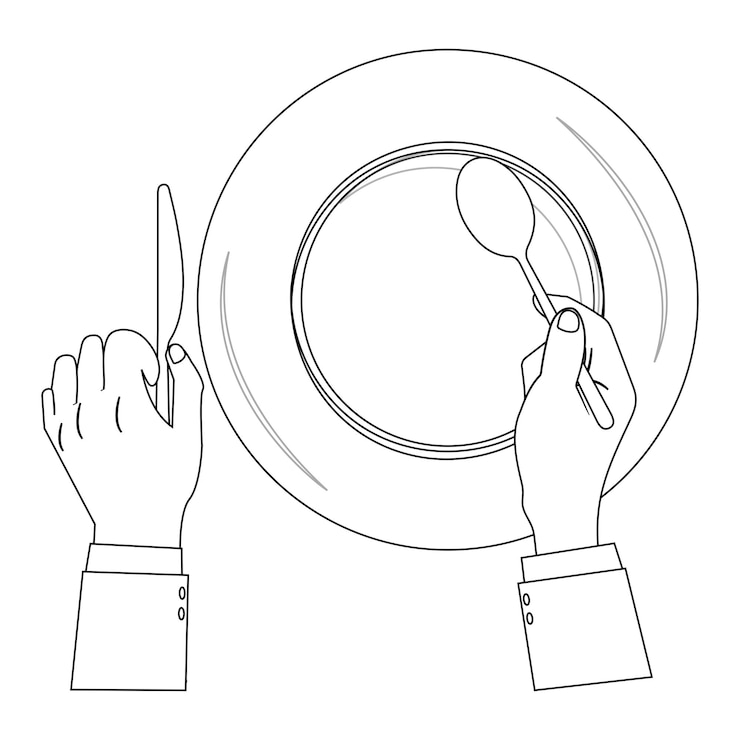 Vector outline hands holding cutlery with empty plate suitable for a coloring book the line design icon