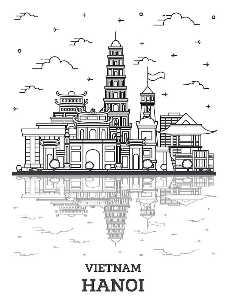 Vector outline hanoi vietnam city skyline with modern buildings and reflections isolated on white