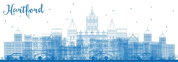 Profilo dello skyline di hartford con edifici blu. illustrazione di vettore. viaggi d'affari e concetto di turismo con architettura storica. immagine per presentazione banner cartellone e sito web.