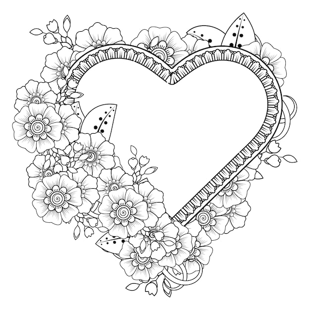 멘디 스타일의 심장 모양 꽃 프레임을 설명합니다.