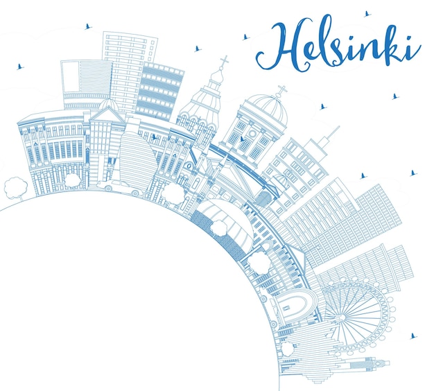 Outline helsinki finland city skyline with blue buildings and copy space