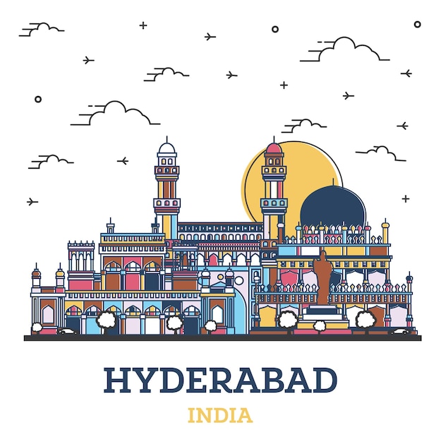 Очертания горизонта города Хайдарабад в Индии с цветными историческими зданиями, изолированными на белом