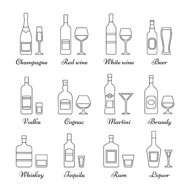Outline icons beverages Linear alcohol bottles and glasses Set alcoholic drinks with wineglasses in flat design