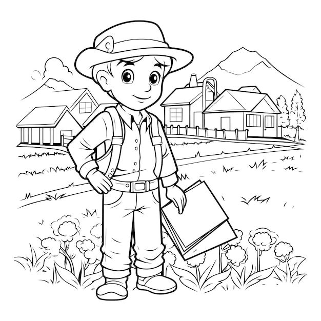 Vettore illustrazione di un ragazzo scout in piedi davanti a una casa