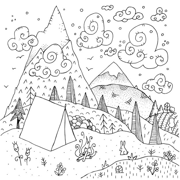 Vettore illustrazione di contorno di campeggio, turismo, vacanze all'aperto o estive illustrazione in stile cartone animato.