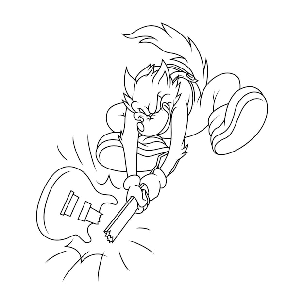 Outline illustration of cartoon wolf smashing a guitar