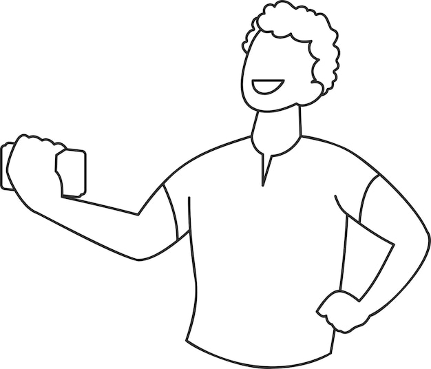 Outline Illustration of Faceless Male Character Holding Phone