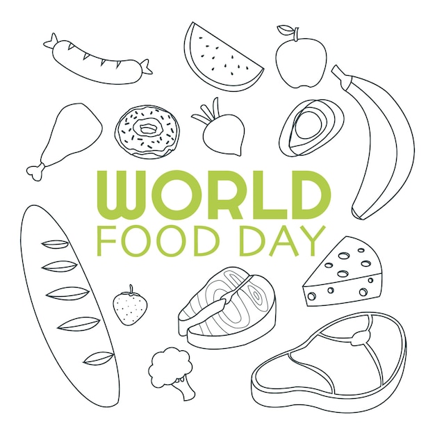 Контурная иллюстрация фруктов и еды в честь Всемирного дня продовольствия