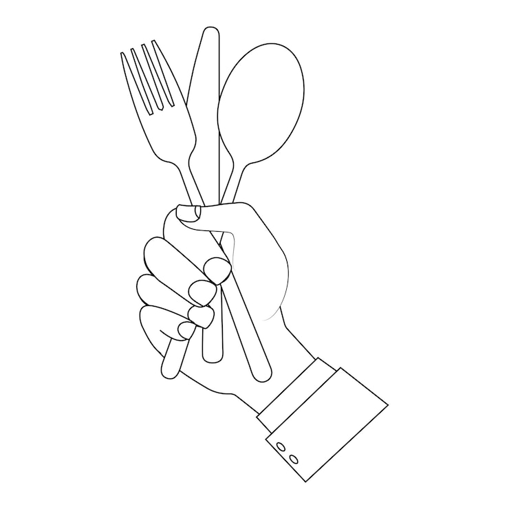 Outline illustration of hands holding a spoon fork and knife for coloring book The simple line