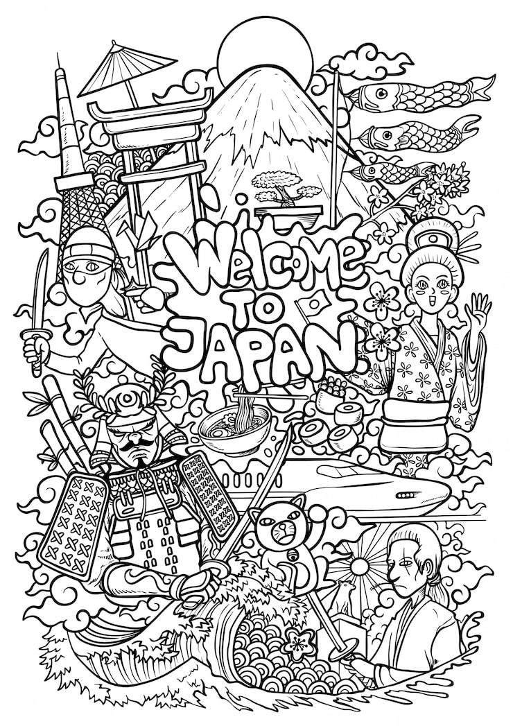 Outline illustration of japan cultures