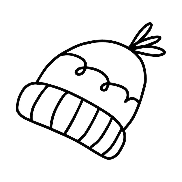 Vector outline illustration of knitted hat winter clothing element in doodle style