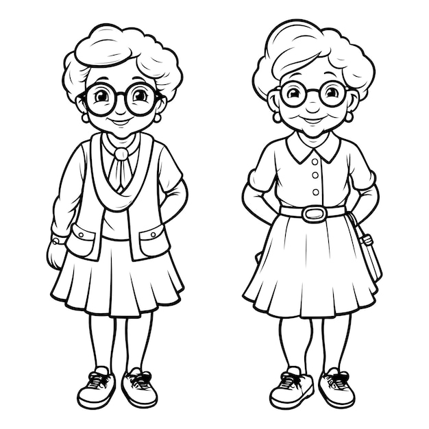 ベクトル 眼鏡をかけた老婦人と若い女の子の概要イラスト