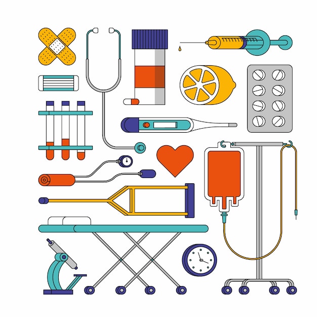 Наброски иллюстрации больницы. медицинский набор иконок, белый фон