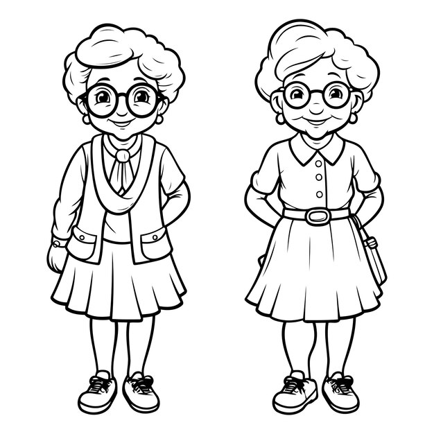 Vector outline illustration of an old woman and a young girl with glasses