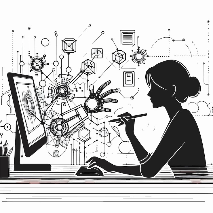 Vector outline illustration of online digital content creator abstract concept banner social post style