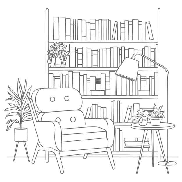 Illustrazione per la sala studio ha scaffali per libri e molti libri lì dentro