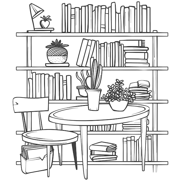 Vector outline illustration for the study room has bookshelves and many book in there