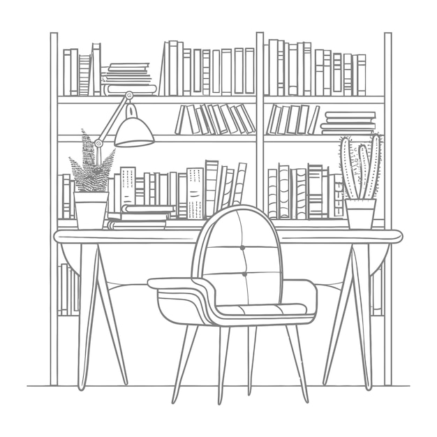 Outline Illustration for The study room has bookshelves and many book in there