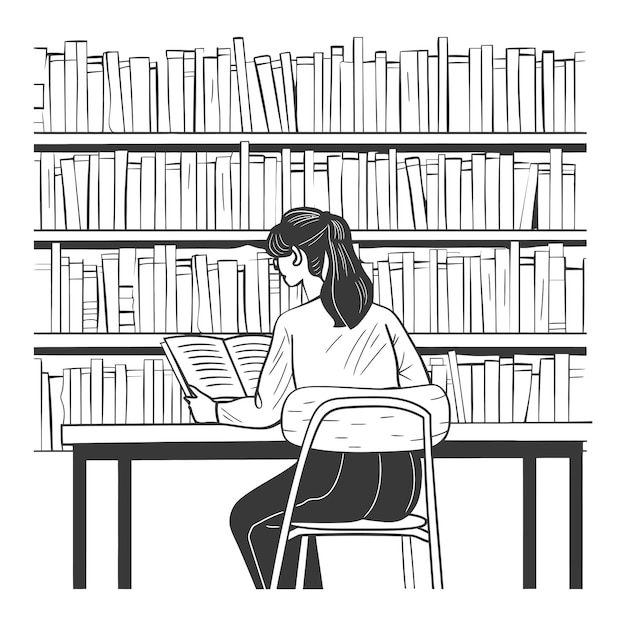 Vector outline illustration for the study room has bookshelves and many book in there