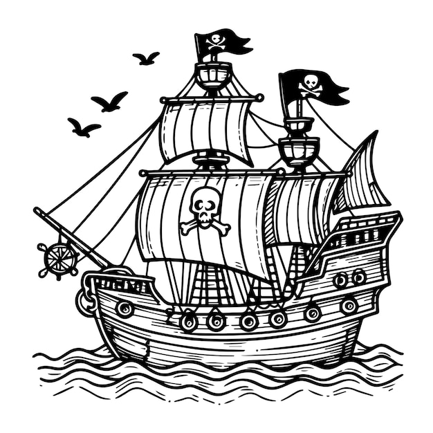 Vector outline illustration of a vectorized hand drawn pirate ship