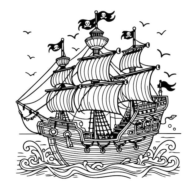 Vector outline illustration of a vectorized hand drawn pirate ship