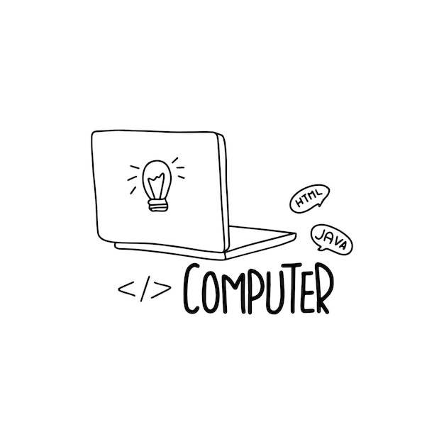 Outline illustration with laptop lettering and programming language elements