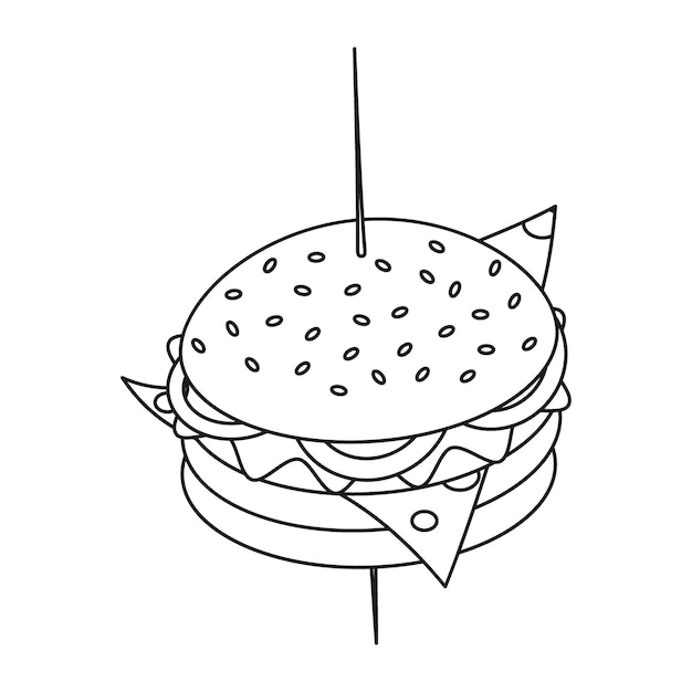색칠하기 책 패스트 푸드 해피 햄버거 데이를 위한 꼬챙이에 있는 햄버거의 개요 이미지