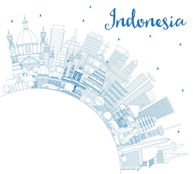 Очертания горизонта городов Индонезии с голубыми зданиями и векторной иллюстрацией пространства для копирования Концепция туризма с исторической архитектурой Городской пейзаж Индонезии с достопримечательностями Джакарта Сурабая Бекаси