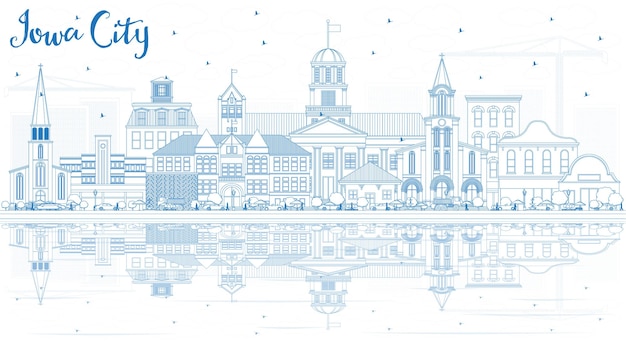 Vettore profilo dello skyline di iowa city con edifici blu e riflessi. illustrazione di vettore. illustrazione di viaggi d'affari e turismo con architettura storica. paesaggio urbano di iowa city con punti di riferimento.