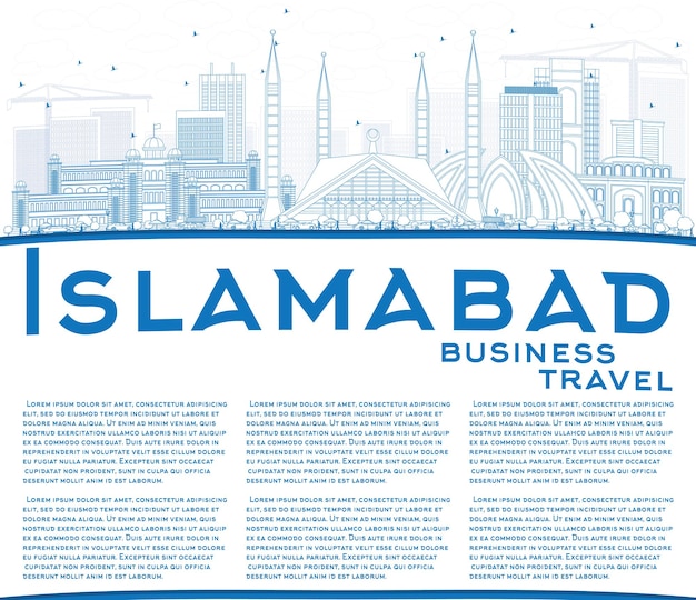 Vector outline islamabad skyline with blue buildings and copy space. vector illustration. business travel and tourism concept with historic architecture. image for presentation banner placard and web site.