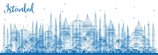 Profilo dello skyline di istanbul con punti di riferimento blu. illustrazione di vettore. concetto di viaggio e turismo d'affari con la città di istanbul. immagine per presentazione banner cartellone e sito web.