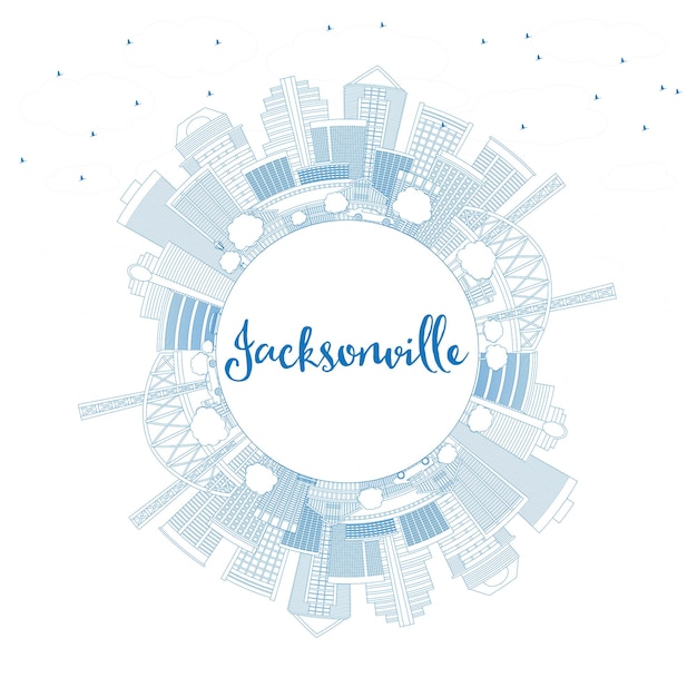 Profilo dello skyline di jacksonville con edifici blu e spazio di copia. illustrazione di vettore. viaggi d'affari e concetto di turismo con architettura moderna. immagine per presentazione banner cartellone e sito web.