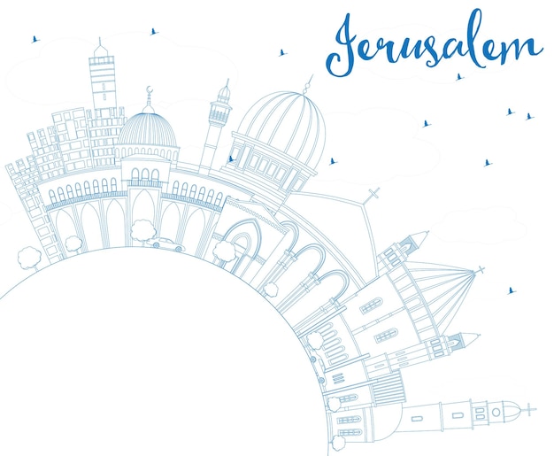 Outline Jerusalem Skyline with Blue Buildings and Copy Space. Vector Illustration. Business Travel and Tourism Concept with Historic Architecture. Image for Presentation Banner Placard and Web Site.