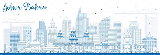 Vector outline johor bahru malaysia skyline with blue buildings. vector illustration. business travel and tourism concept with modern architecture. image for presentation banner placard and web site.