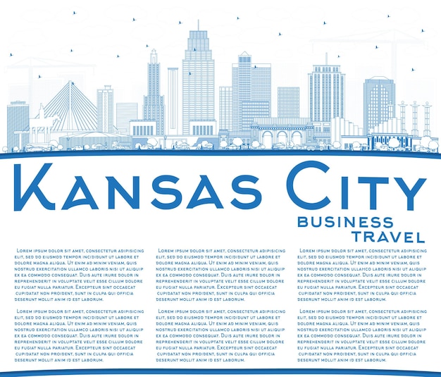 Вектор Очертите горизонт канзас-сити, штат миссури, с синими зданиями и копией пространства. векторные иллюстрации. деловые поездки и концепция туризма с современной архитектурой. городской пейзаж канзас-сити с достопримечательностями.