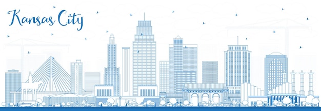 Delineare lo skyline di kansas city missouri con edifici blu. illustrazione di vettore. viaggi d'affari e concetto di turismo con architettura moderna. kansas city cityscape con punti di riferimento.