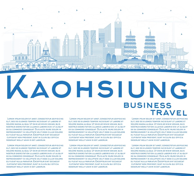 Outline Kaohsiung Taiwan City Skyline with Blue Buildings and Copy Space. Vector Illustration. Business Travel and Tourism Concept with Historic Architecture. Kaohsiung China Cityscape with Landmarks.