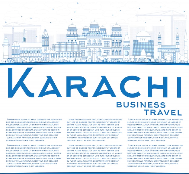 Delinea lo skyline di karachi con punti di riferimento blu e copia lo spazio.