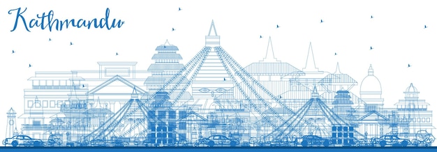 Profilo dello skyline di kathmandu in nepal con edifici blu. illustrazione di vettore. viaggi d'affari e concetto di turismo con architettura storica. paesaggio urbano di kathmandu con punti di riferimento.