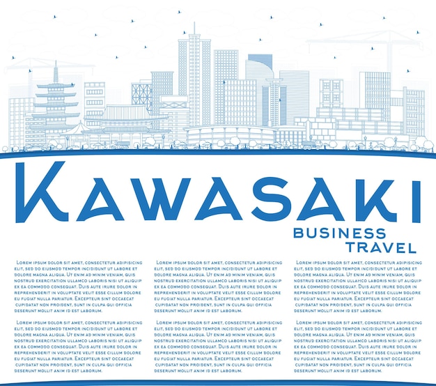 Outline Kawasaki Japan City Skyline with Blue Buildings and Copy Space. Vector Illustration. Business Travel and Tourism Concept with Historic Architecture. Kawasaki Cityscape with Landmarks.